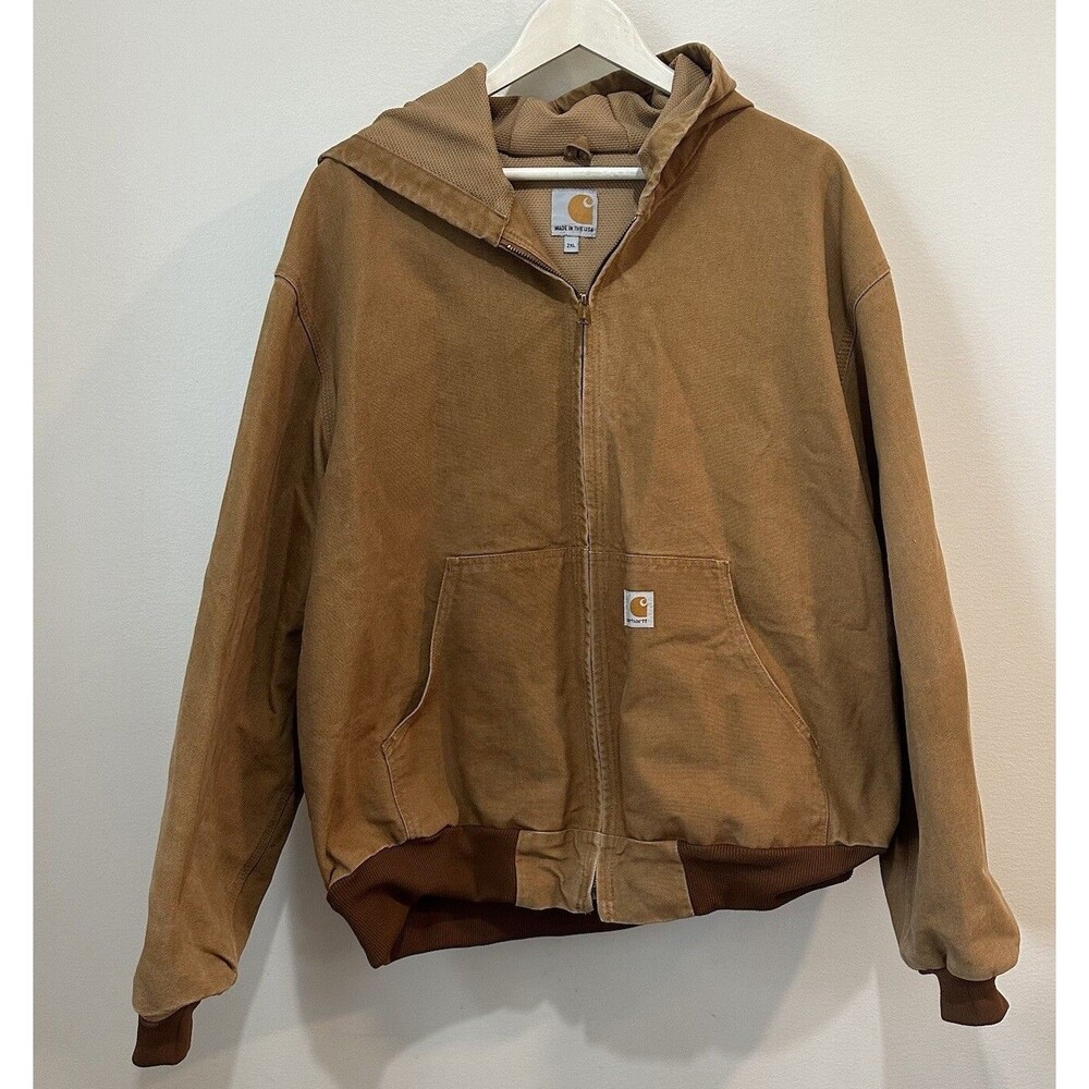 VTG Carhartt J131duck Canvas Thermal Lined Hooded Jacket XXL Workwear DISTRESSED
